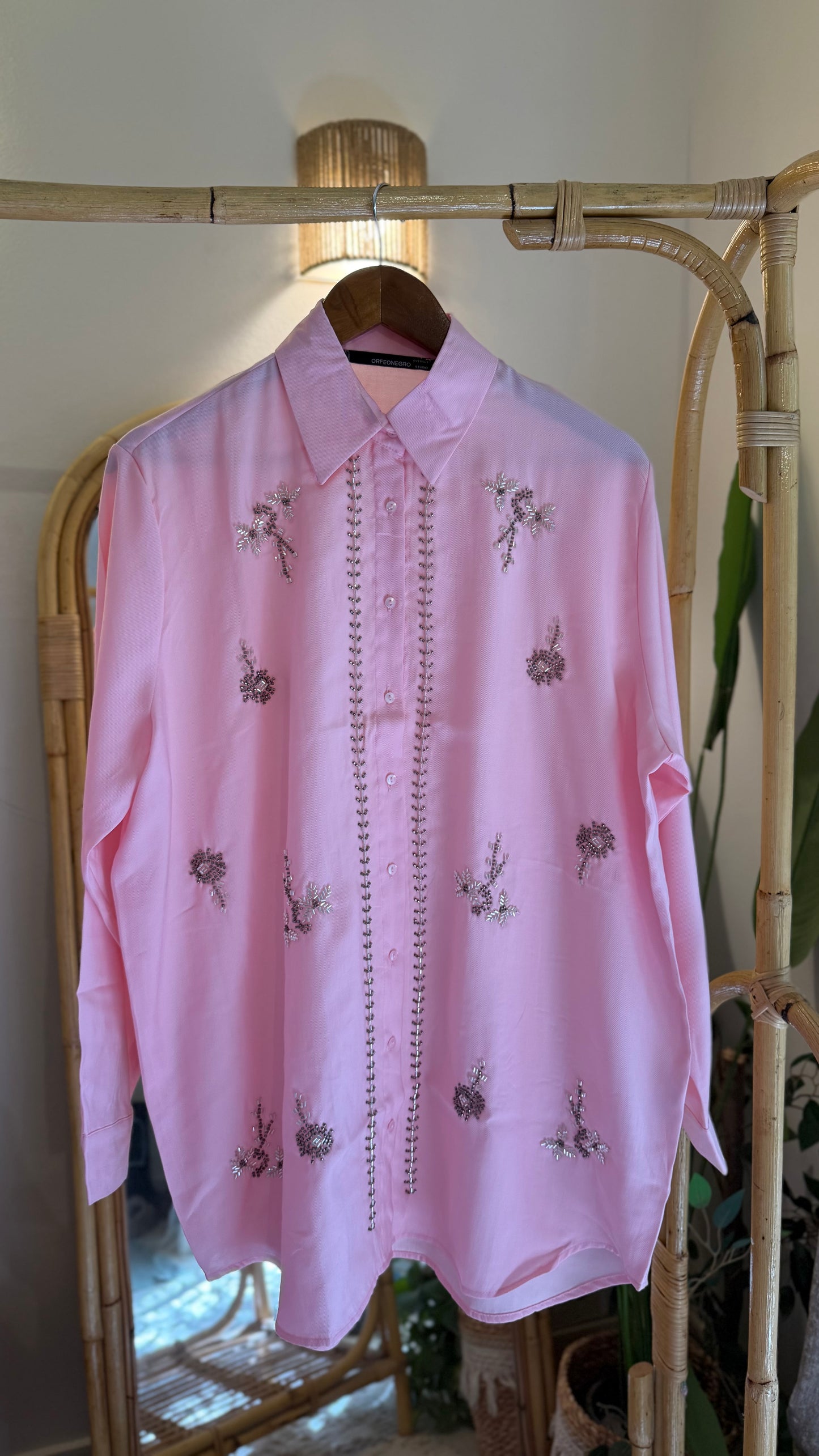 Pink Linen Bead-Embellished Shirt