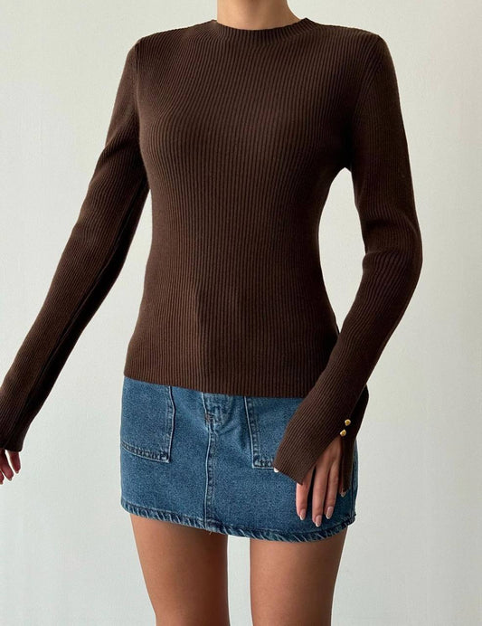 Brown Ribbed Basic Top With Golden Buttons