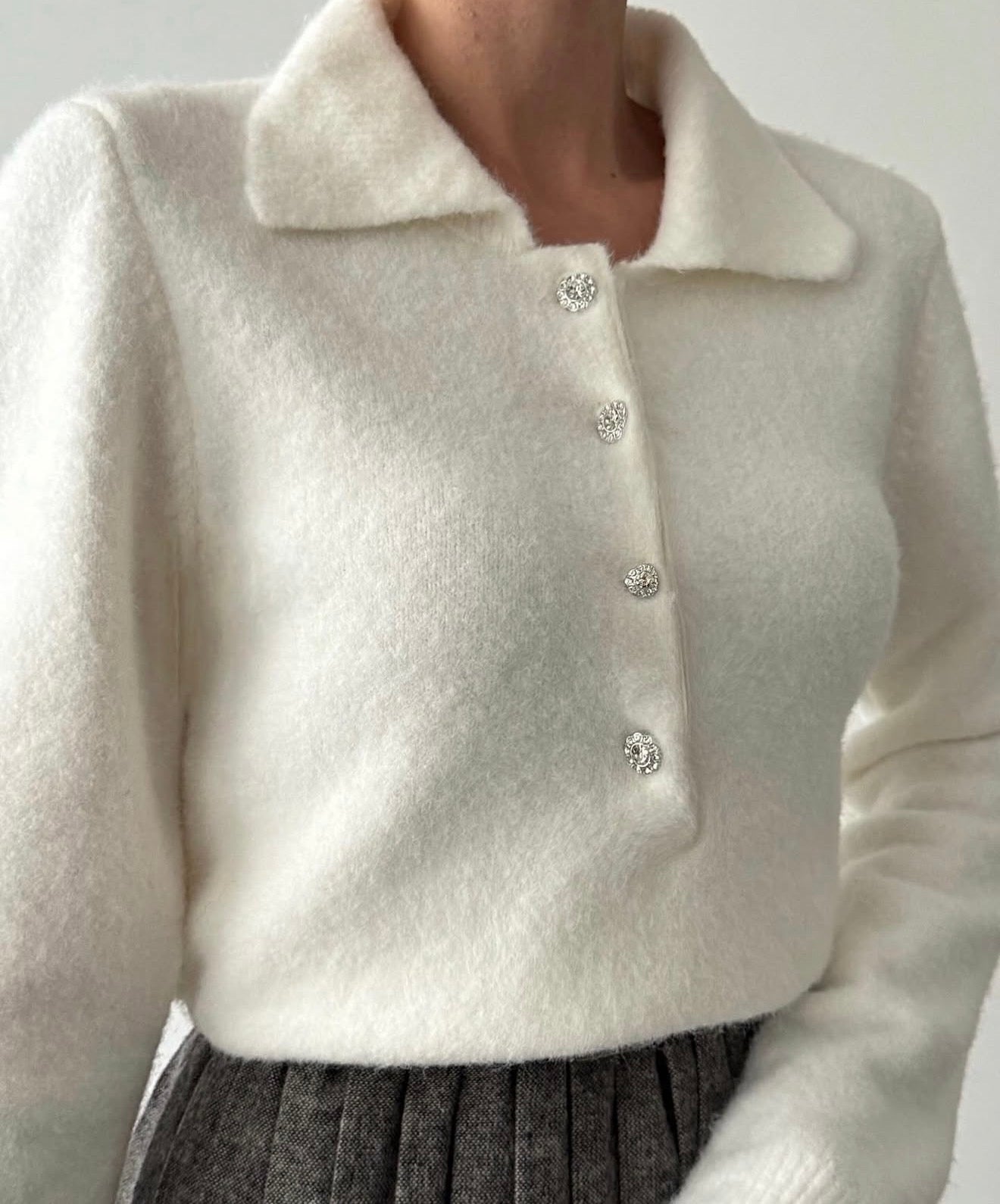 Off White Polo Pullover With Rhinestone Buttons