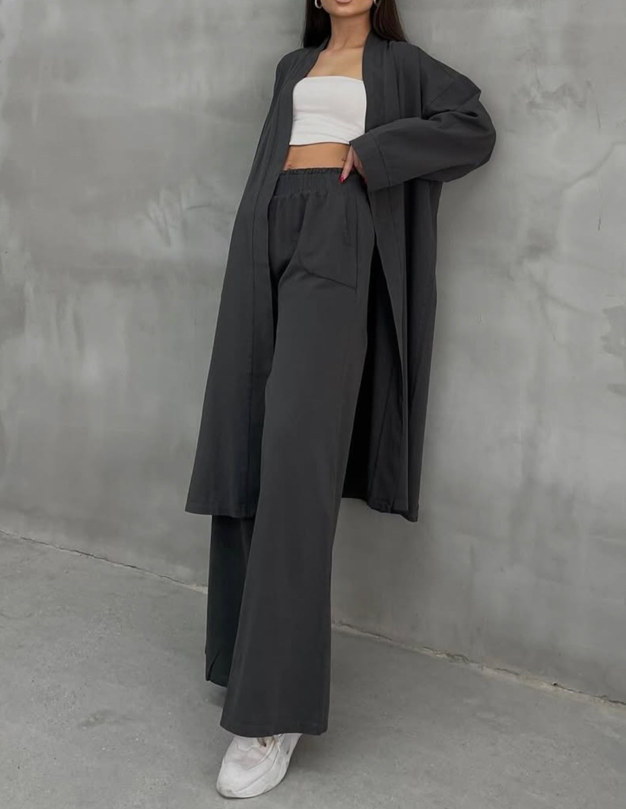 Grey Elastic Waist Gabardine Wide Pants