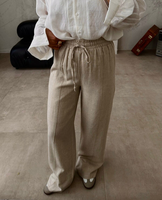 Premium Khaki Linen Straight Leg Pants With Elastic Wais