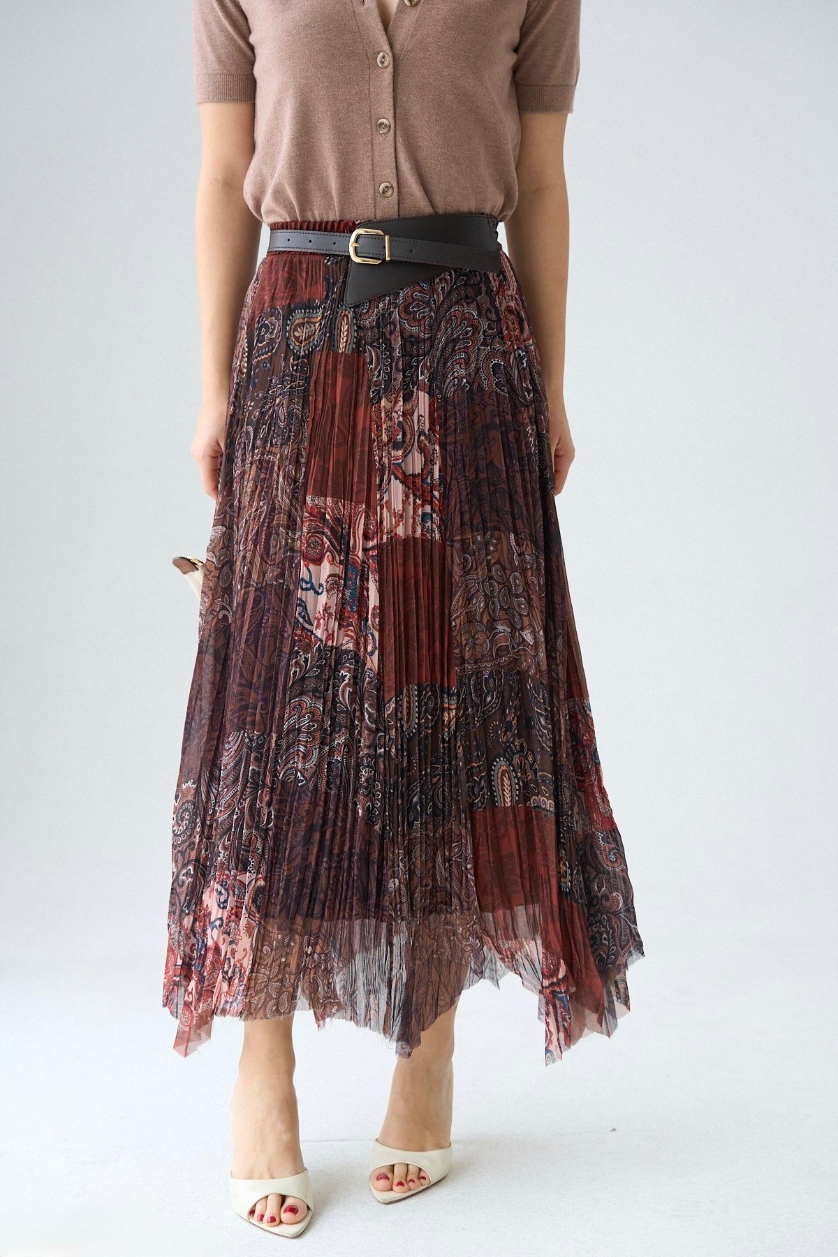 Boho Patchwork Asymmetrical Chiffon Skirt With Leather Belt