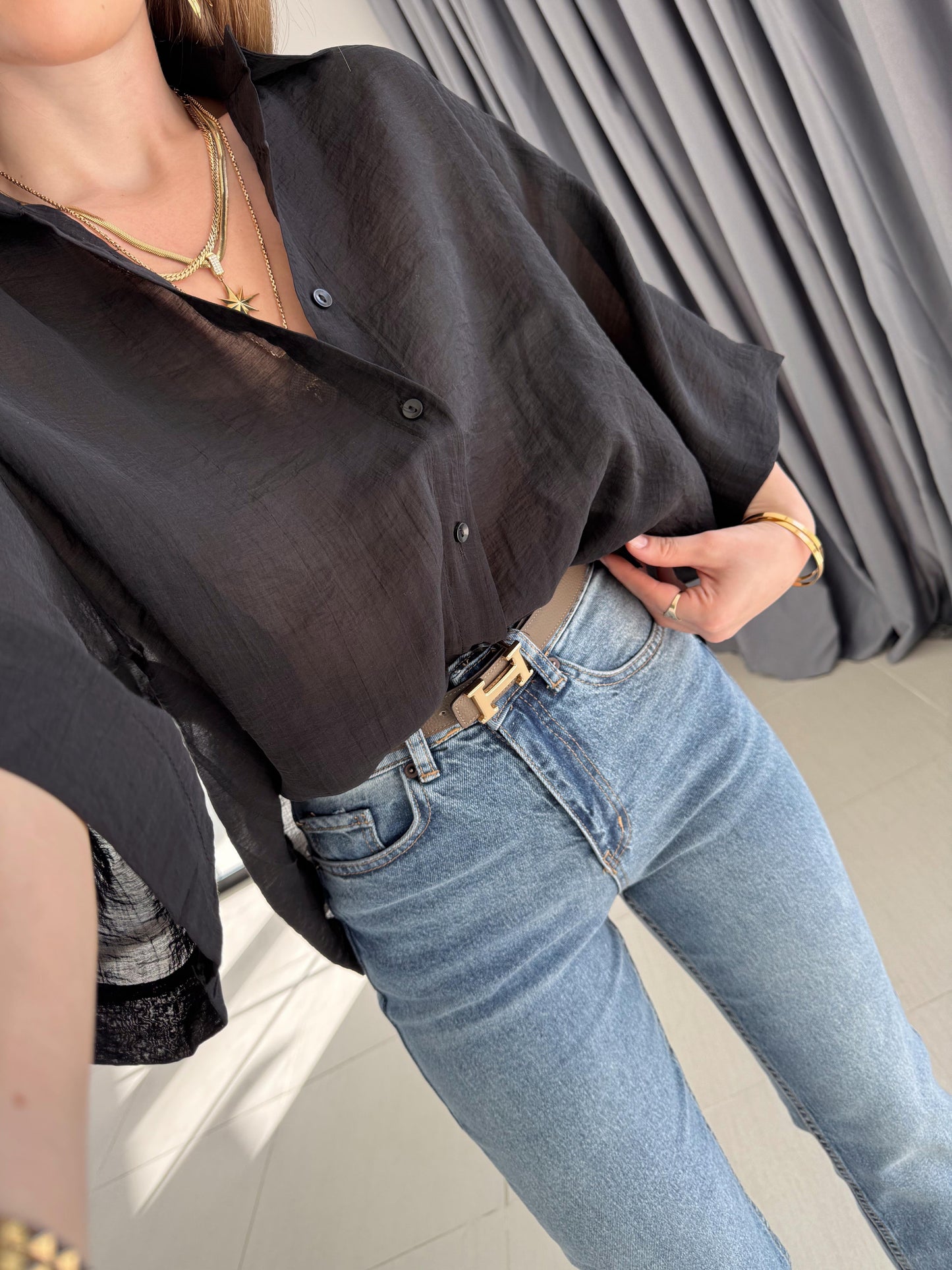 Black Oversized 3/4 Sleeve Shirt