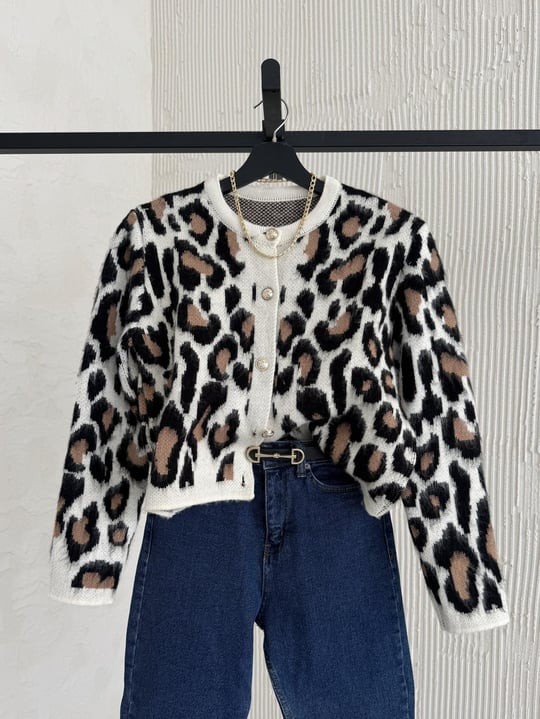 Leopard Beige Cardigan With Golden Buttons