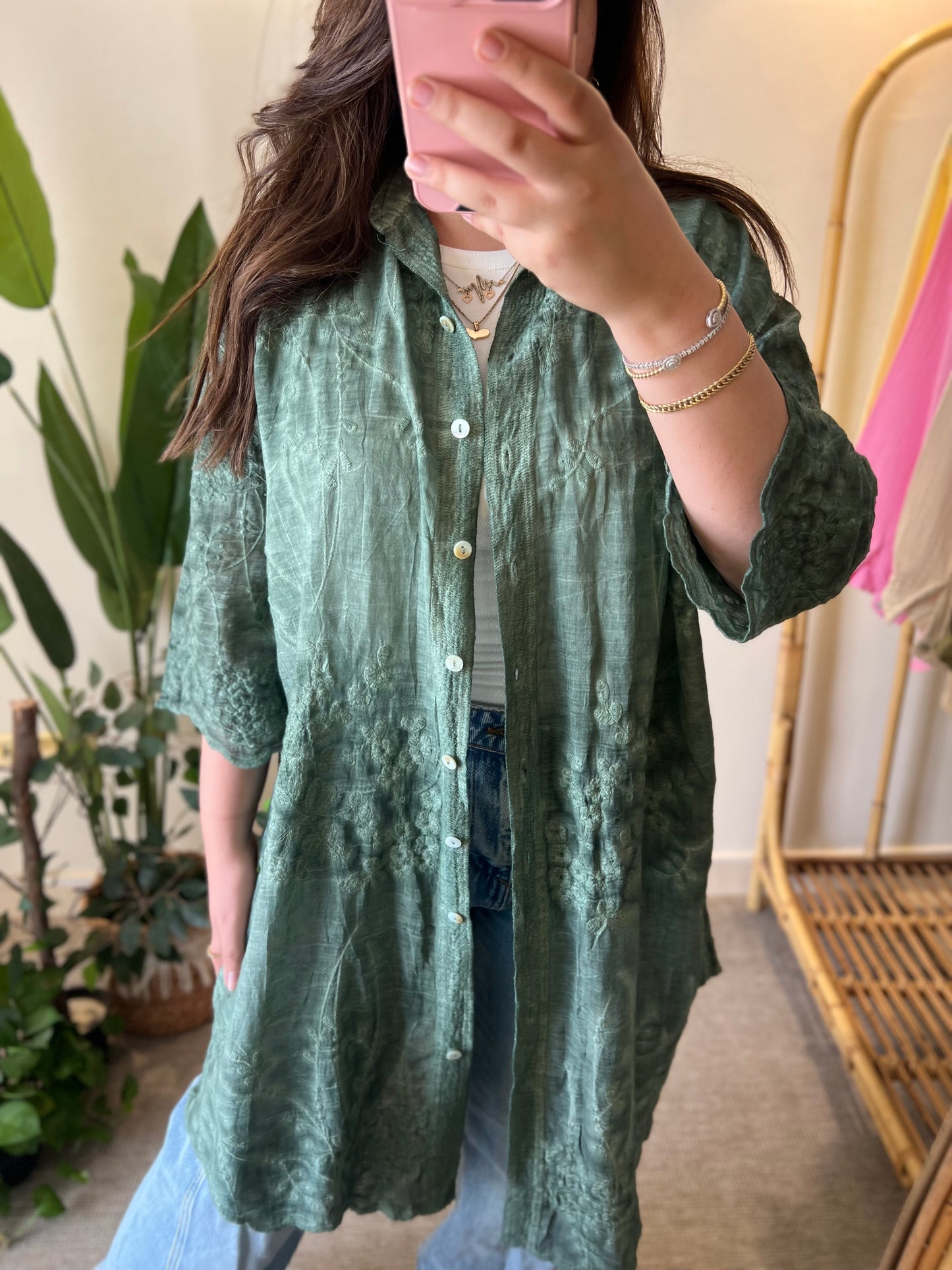 Green Embroidered Floral Lace Long Shirt