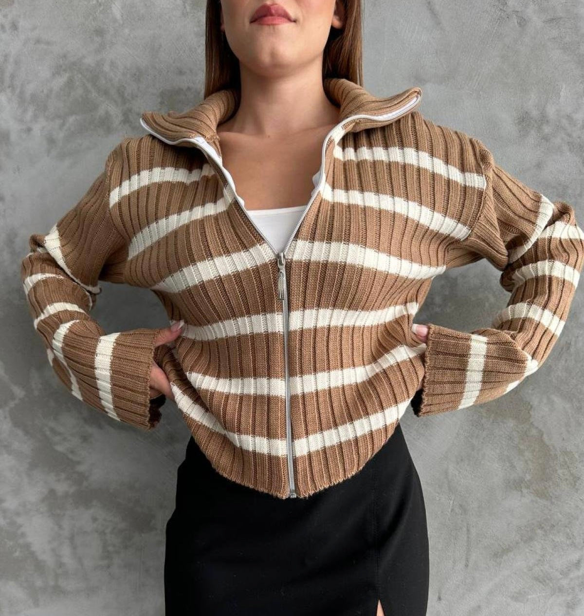 Camel & White Striped Zipper Triko Jacket