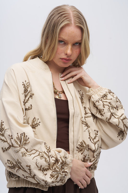 Beige Embroidered Bomber Jacket