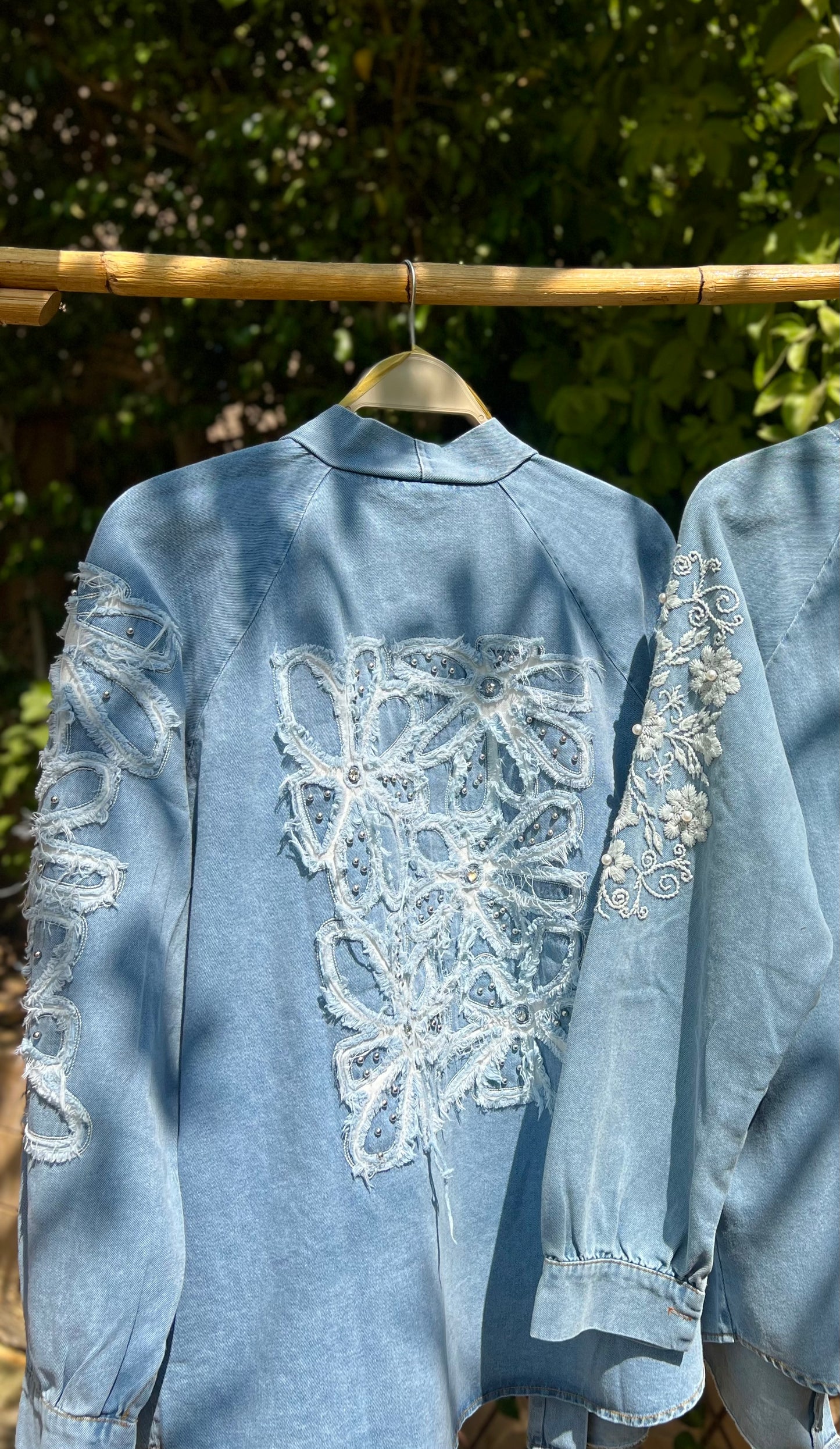 Light Blue Denim Embroidered Floral Kimono