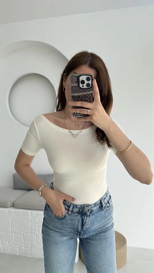 White Basic Cotton Boat Neck T-Shirt Top