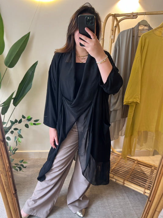 Italian Draped Collar Black Cardigan Top With Pockets