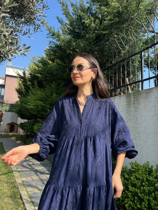 Blue Embroidered Floral Cotton Wide Dress