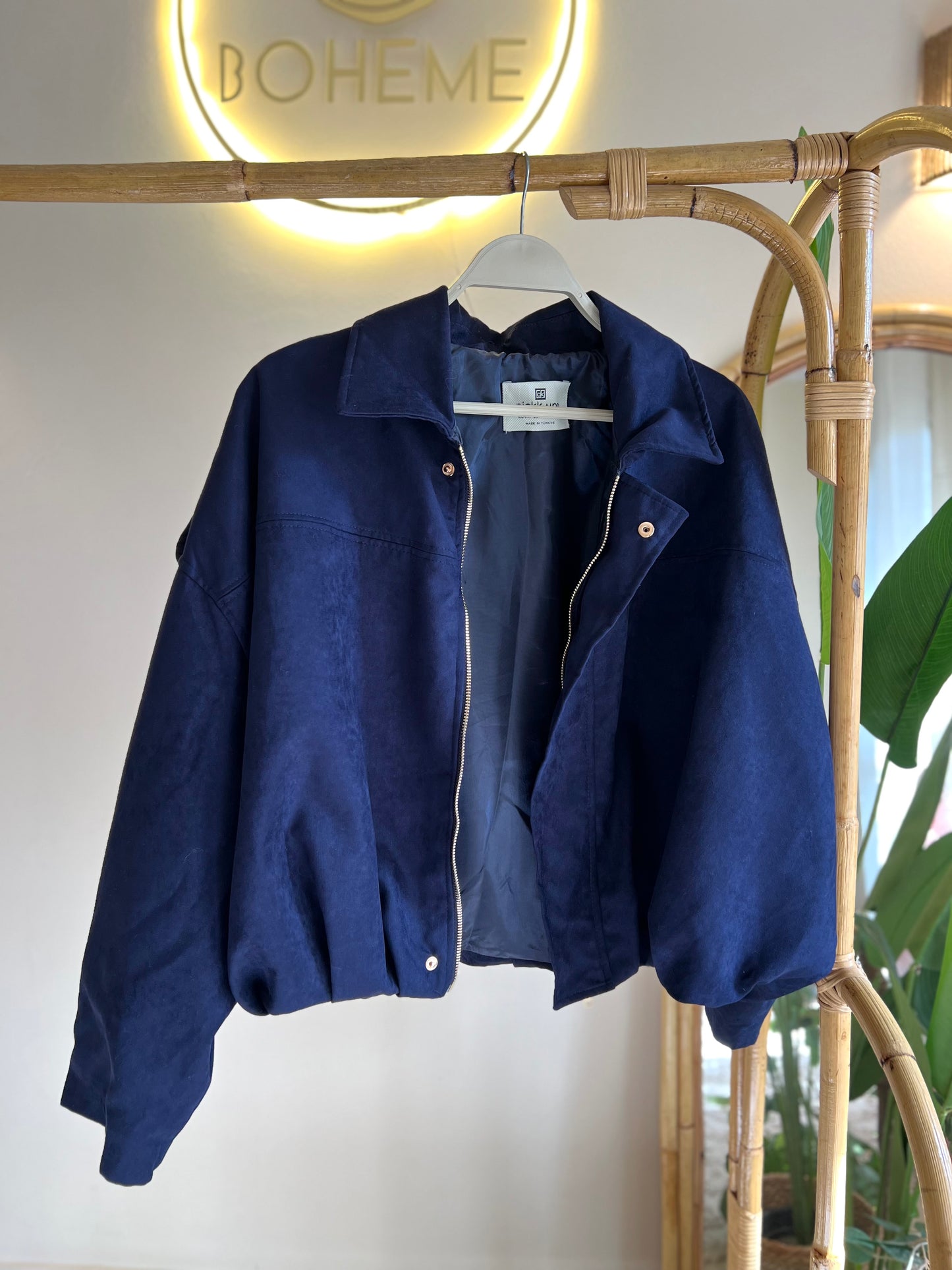 Navy Suede Jacket With Golden Zipper