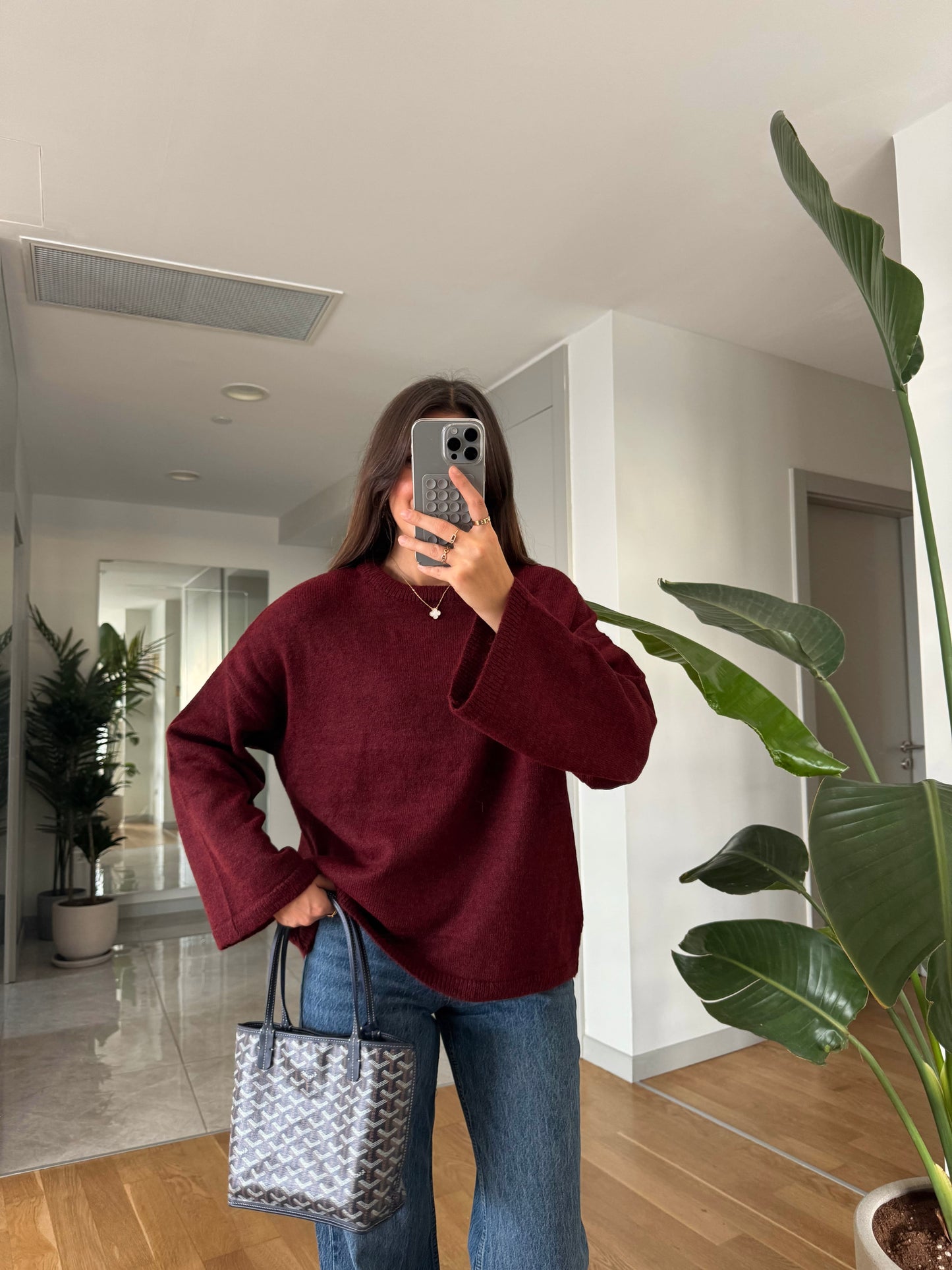 Maroon Round Neck Pullover With Bell Sleeves
