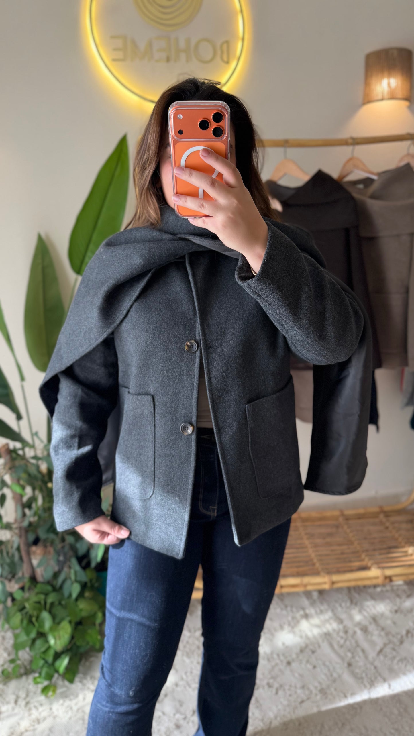 Grey Wool Jacket With Pockets & Detachable Scarf