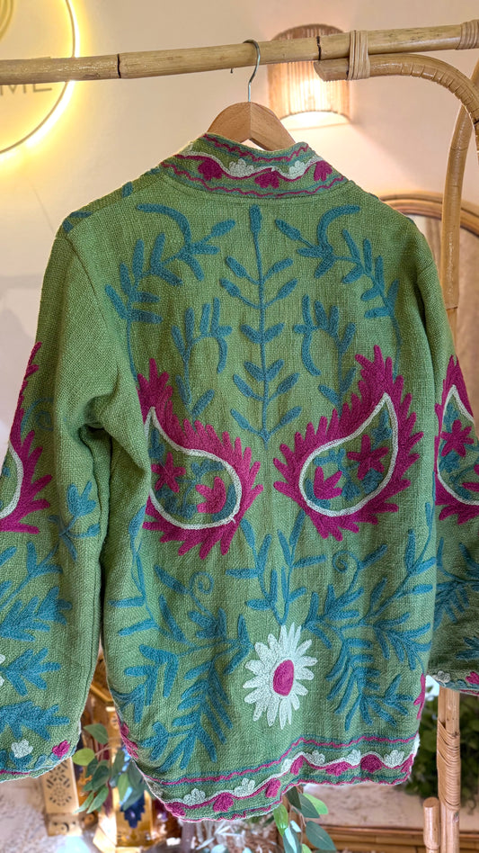 Green Fuchsia Suzani Embroidered Long Jacket