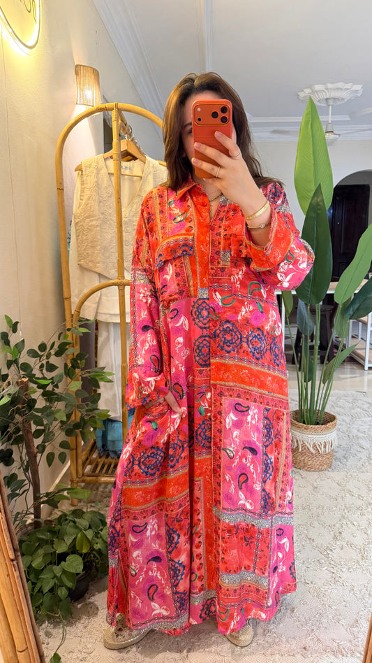 Pink X Red Paisly Shirt Dress With Pockets