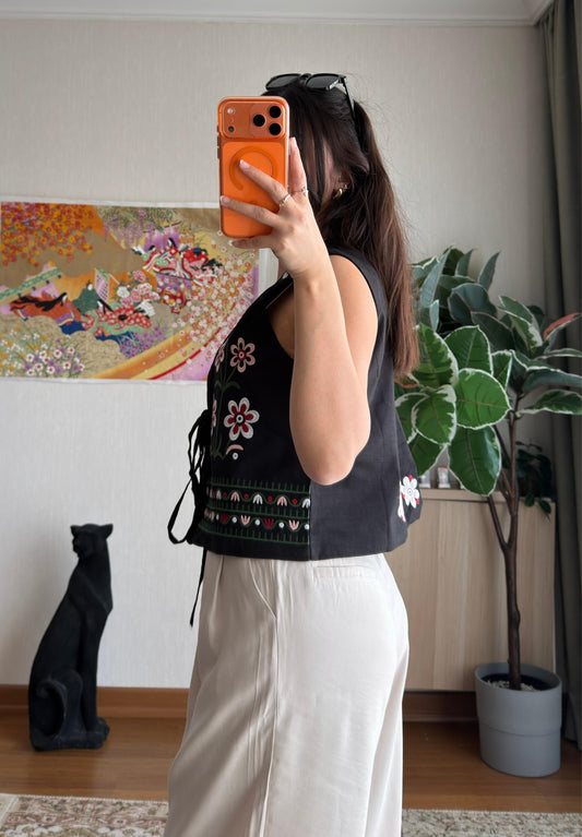 Black Floral Embroidered Vest