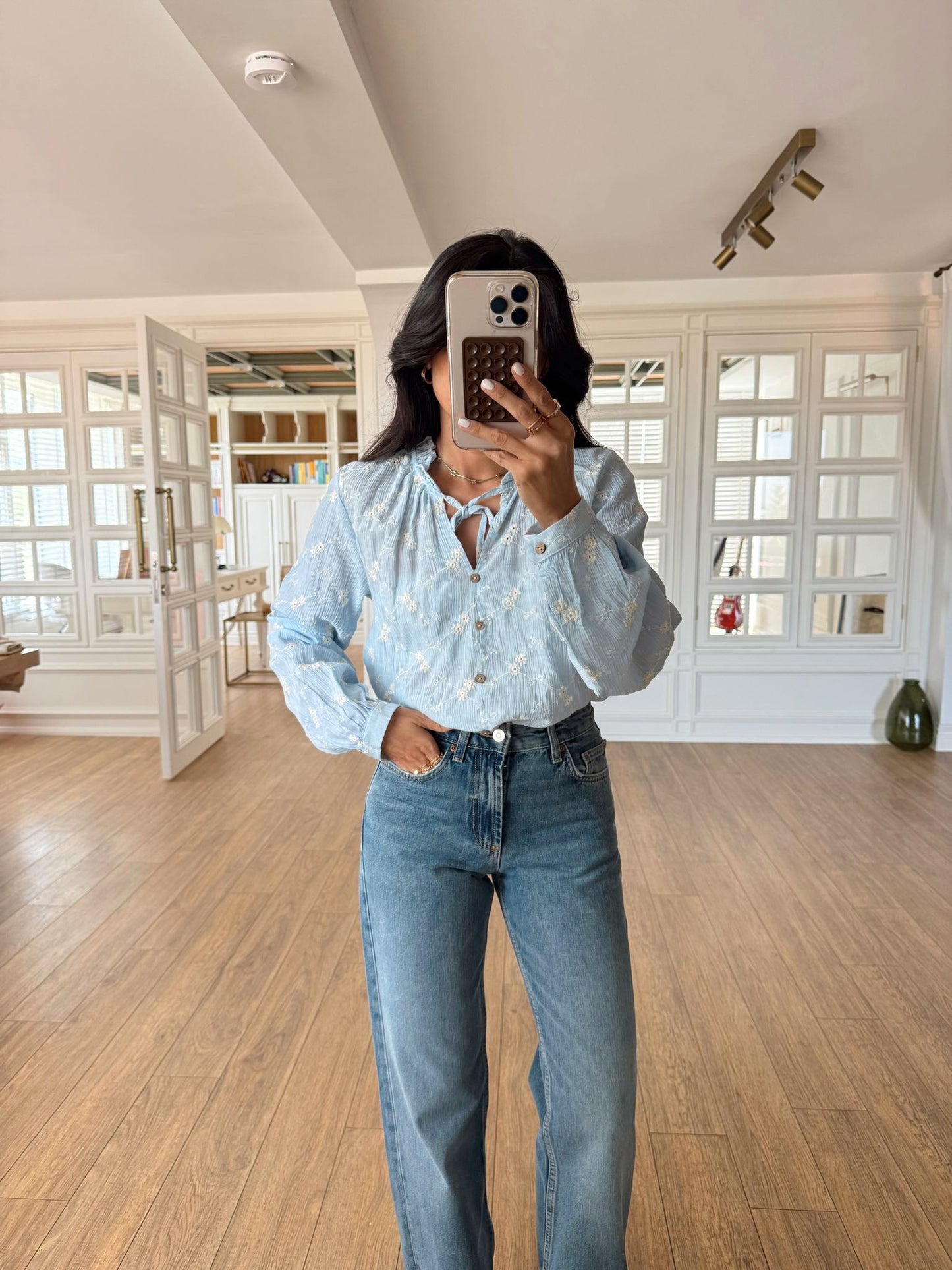 Baby Blue Cut Out Embroidered Blouse