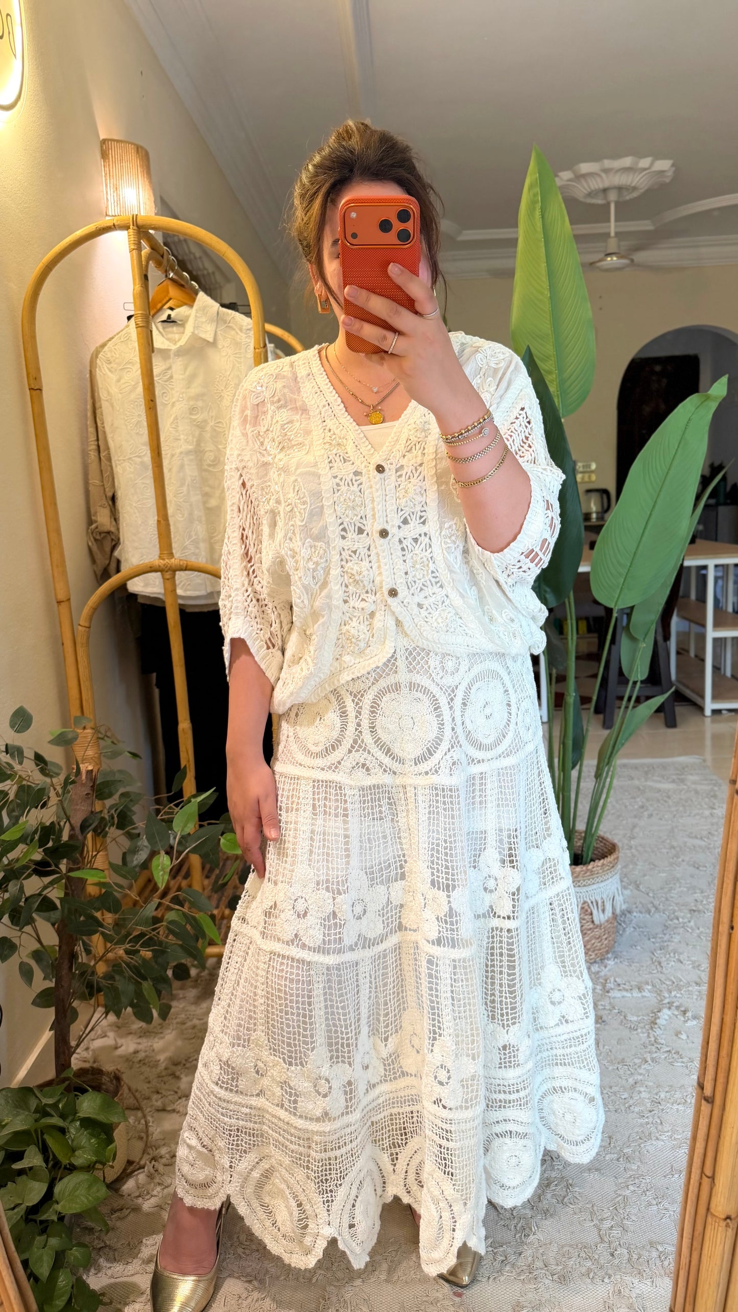 Cotton Lace & Crochet White Elastic Waist Skirt
