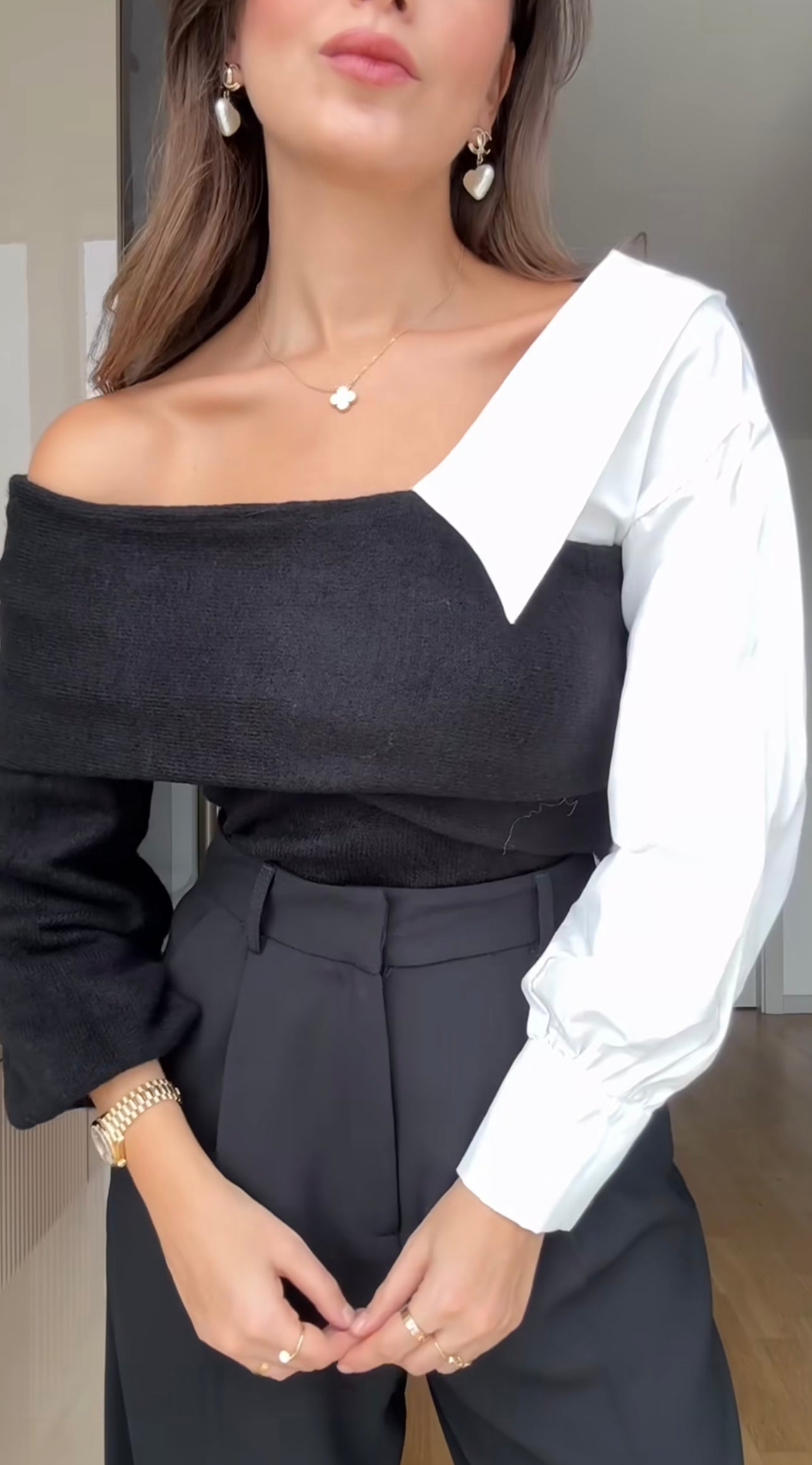 Black Off Shoulder Pullover With Shirt Sleeve