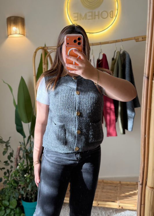 Grey Triko Vest With Pockets & Golden Buttons