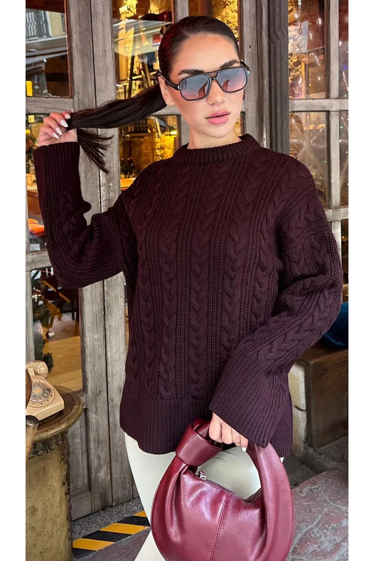 Mahogany Braided Bell Sleeves Pullover