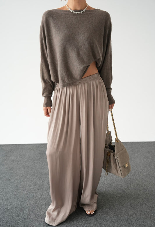 Greige Crinkled Satin Flowy Pants