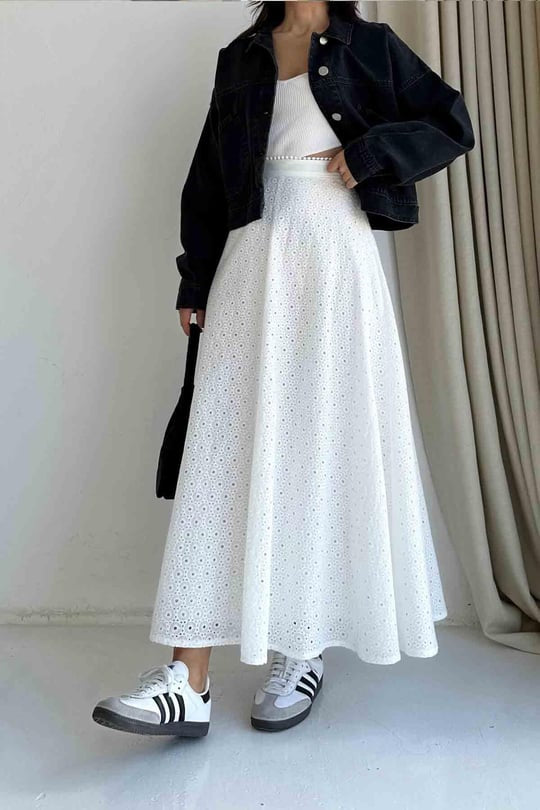 White Embroidered Cut Out Skirt