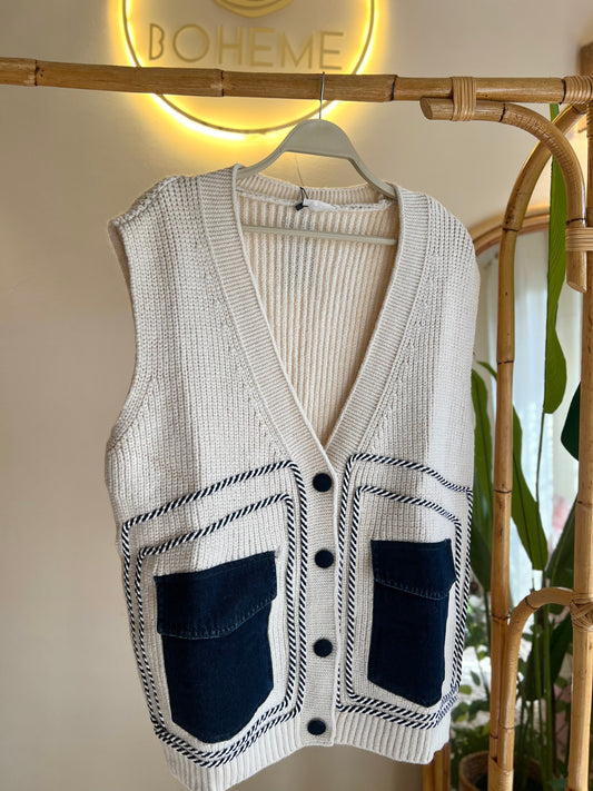 Cream Triko Patchwork Denim Vest With Pockets