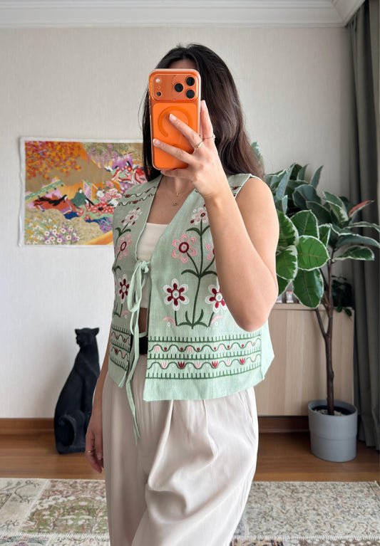 Mint Green Floral Embroidered Vest