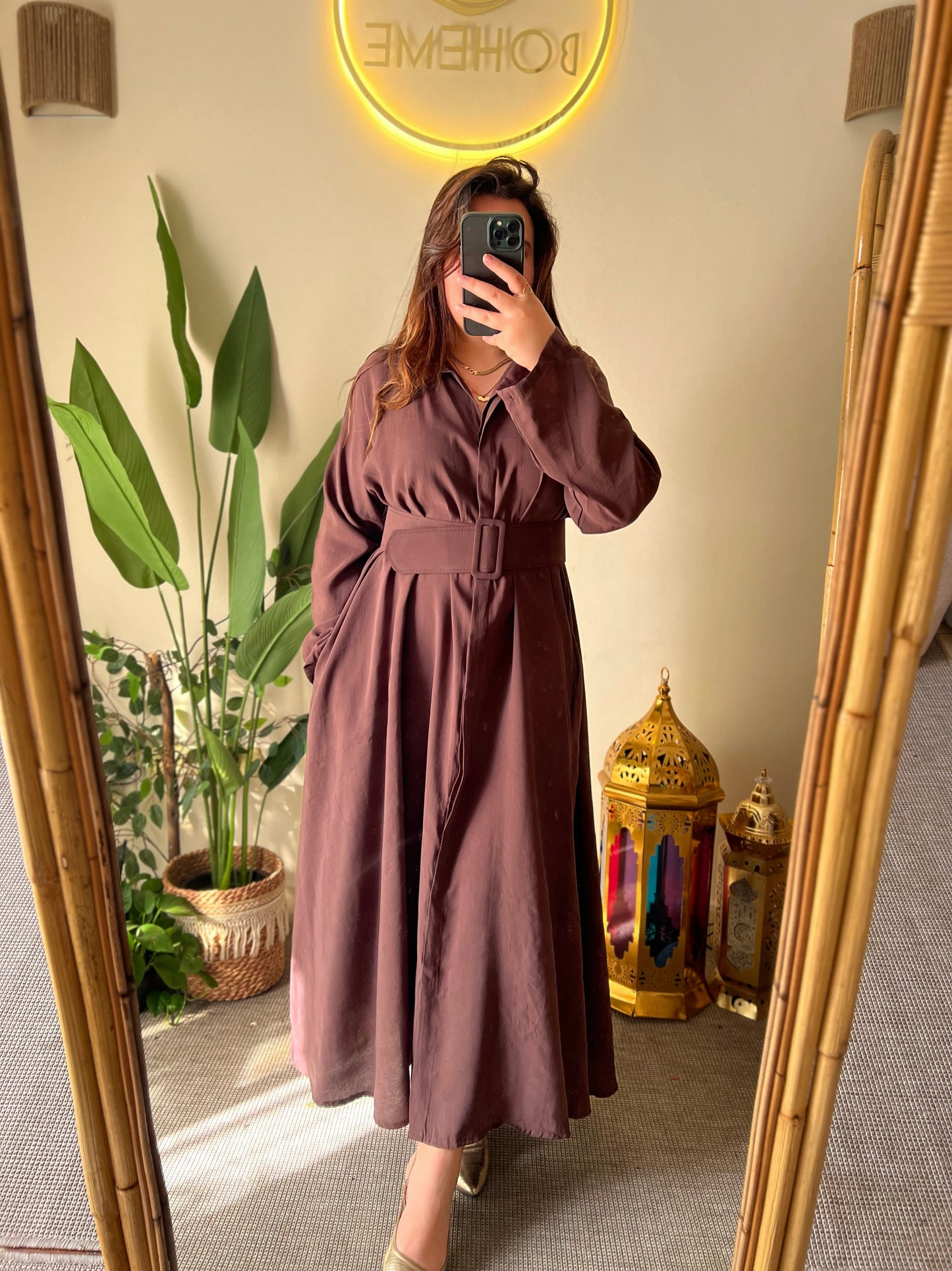 Brown Belted Shirt Dress