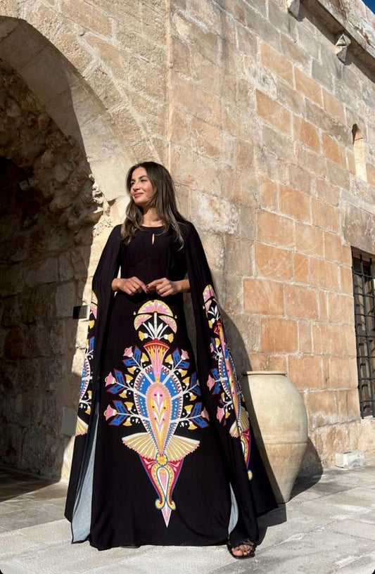 Black Cleopatra Dress With Shoulder Cape