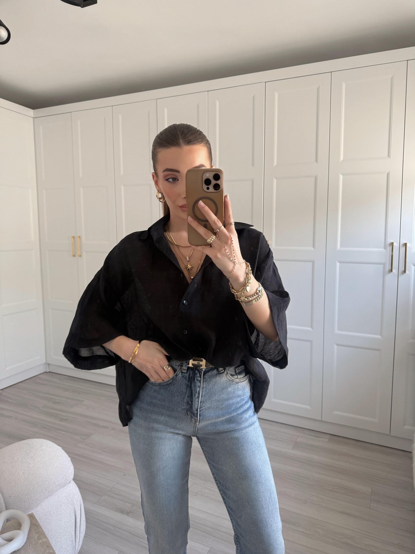 Black Oversized 3/4 Sleeve Shirt