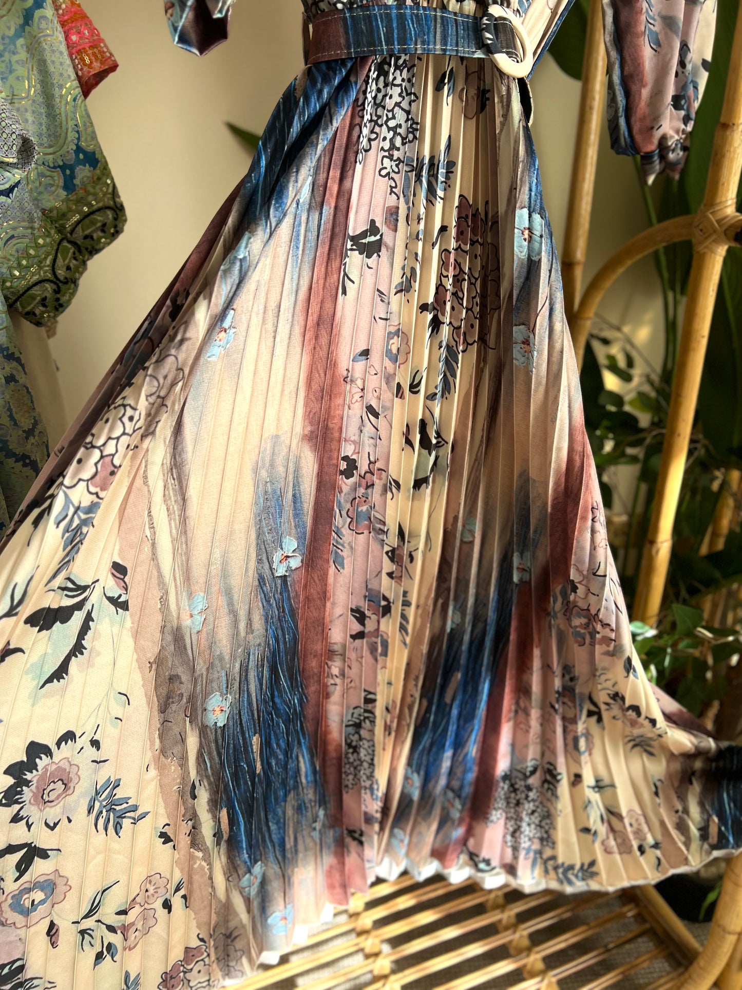 The Floral Pleated Satin Dress With Belt