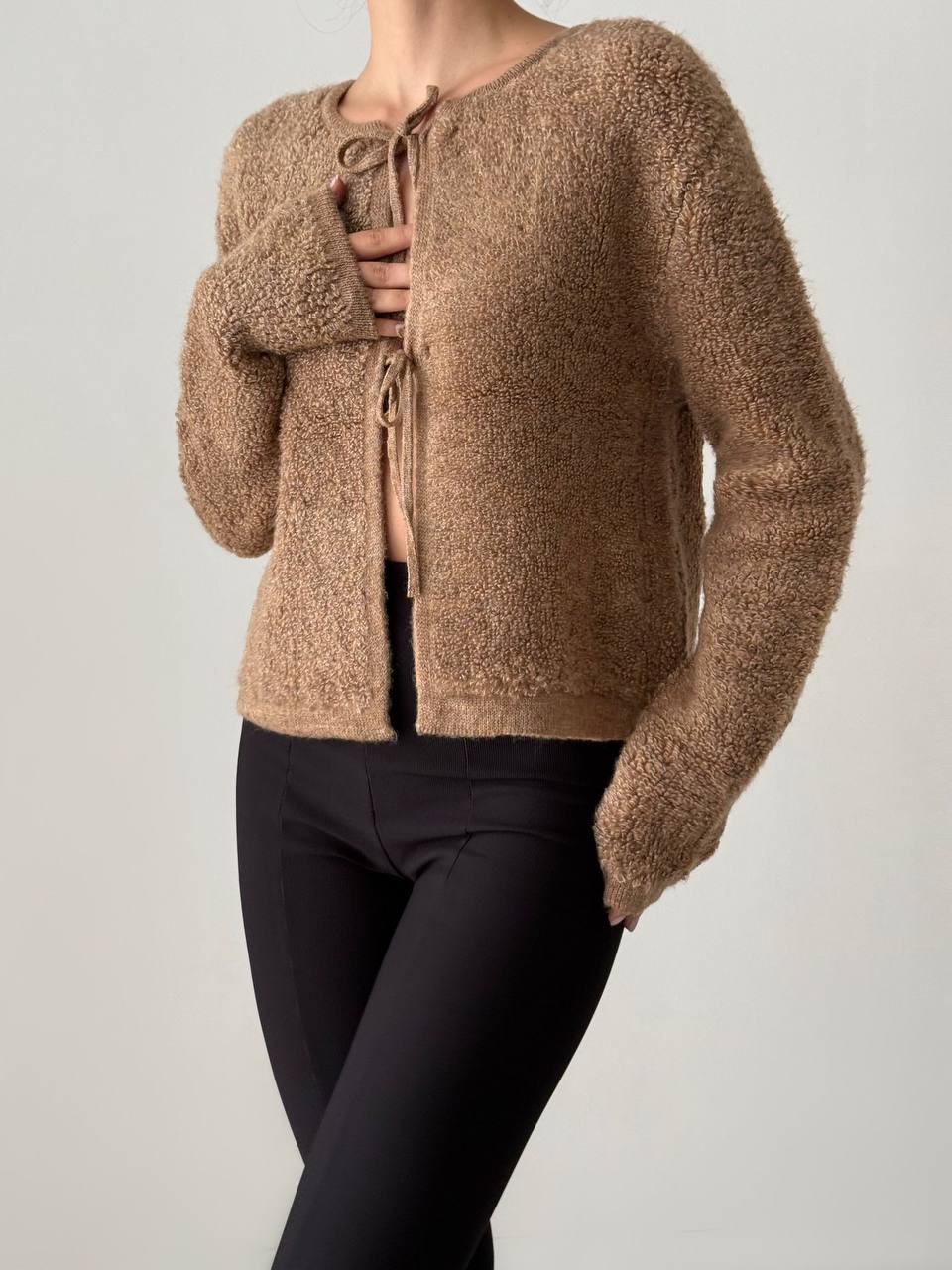 Camel Fleece Tie Front Cardigan