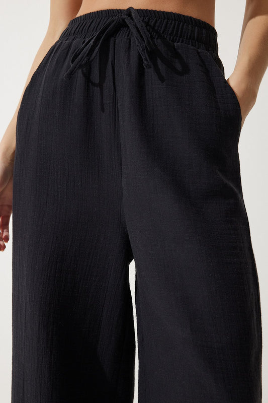 Black Cotton Wide Pants With Elastic Waist