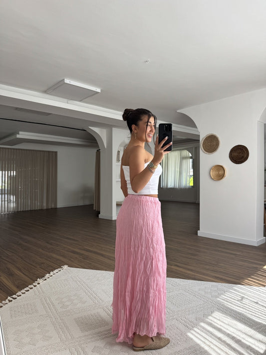 Pink Crinkled Cotton Inlined Skirt