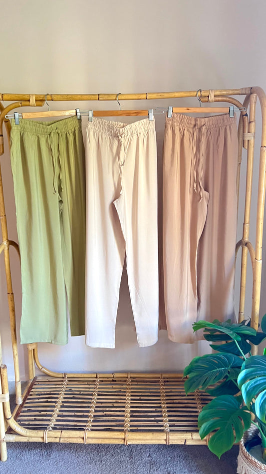 Beige Straight Pants with Elastic Waist