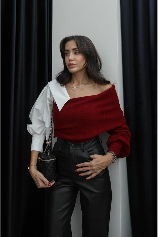 Burgundy Off Shoulder Pullover With Shirt Sleeve