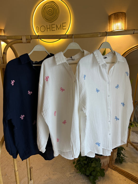 The White Pink Bow Embroidered Shirt