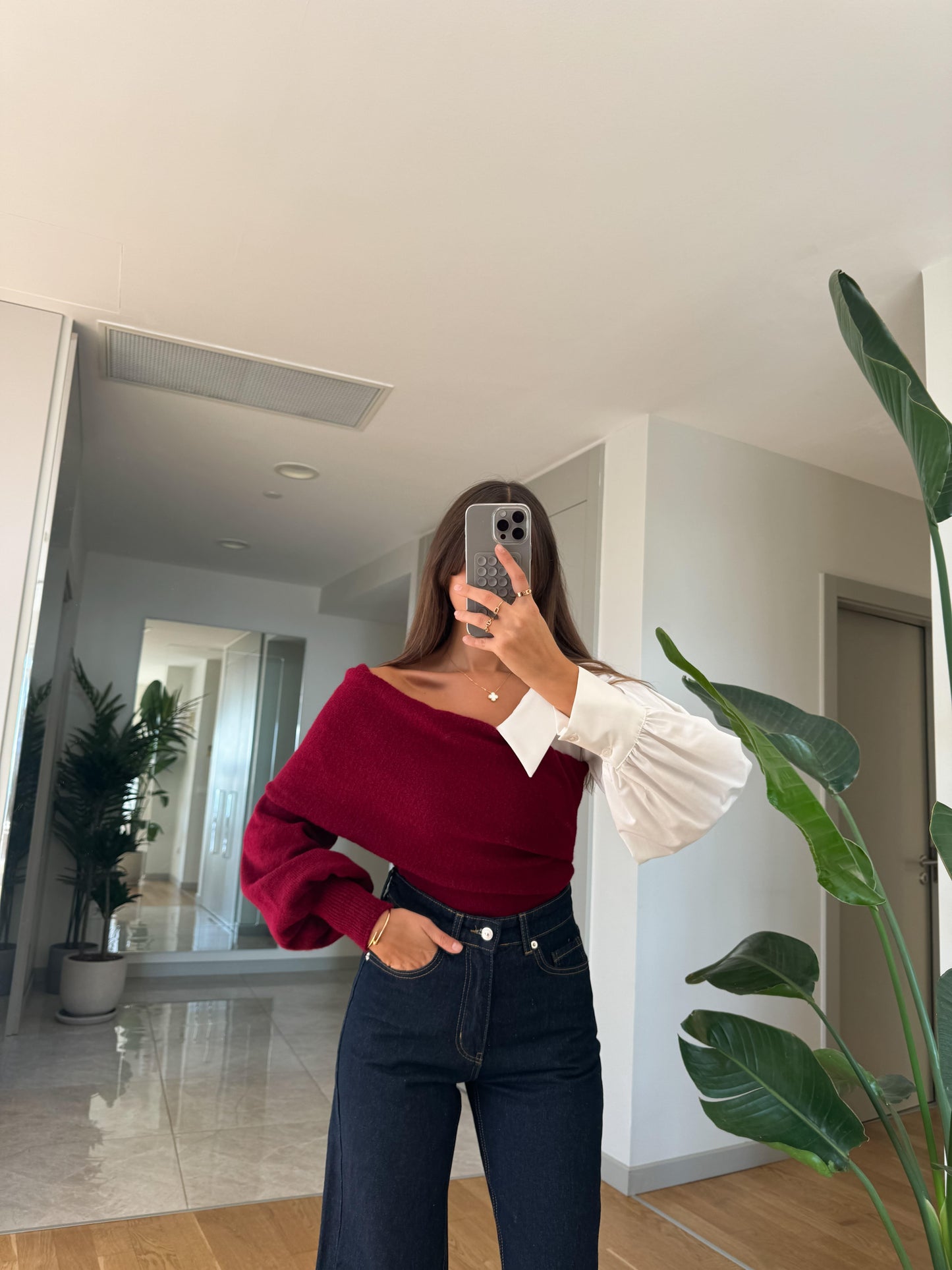Maroon Off Shoulder Pullover With Shirt Sleeve