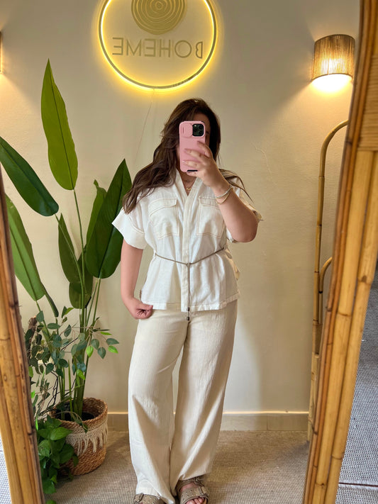 Off White Linen Half Sleeves Belted Blouse