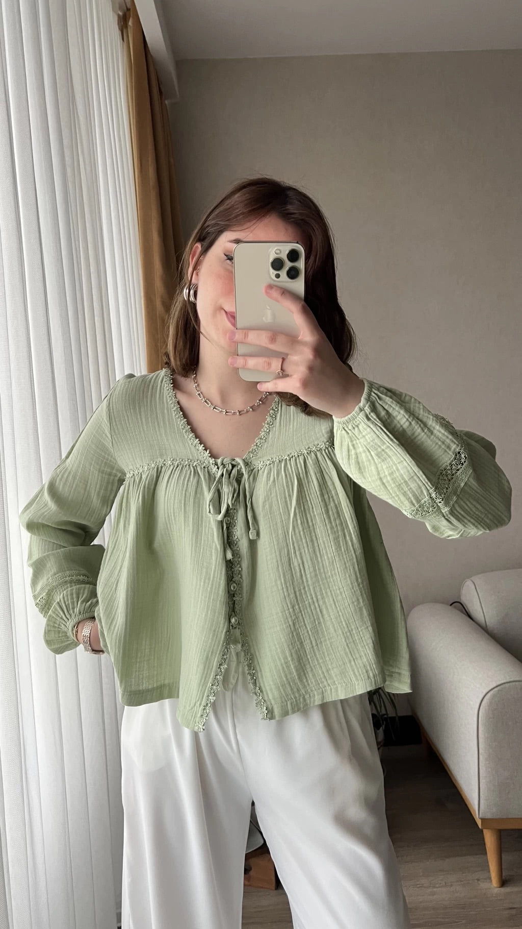 Mint Green Cotton Blouse With Dantel Details