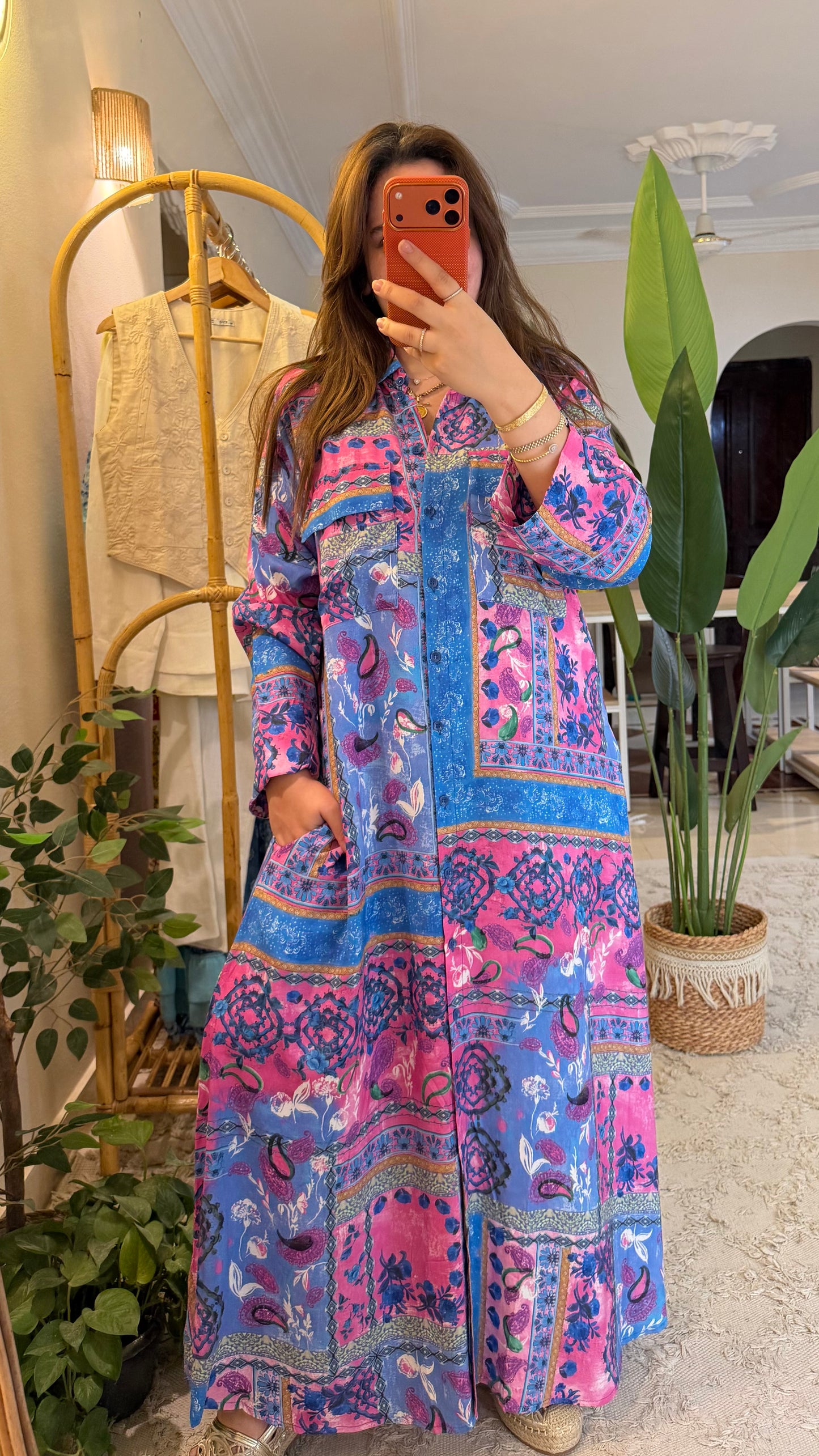 Purple Paisly Shirt Dress With Pockets