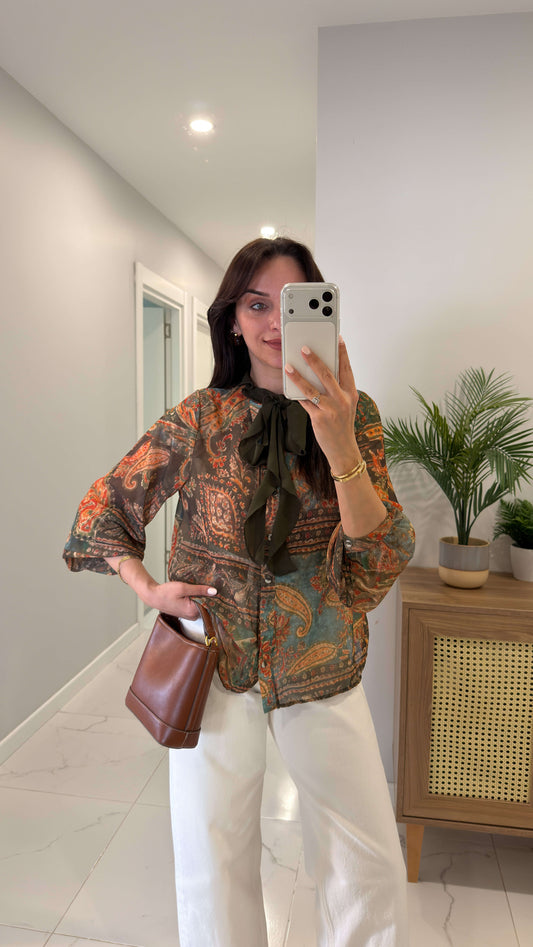 Teal Green Chiffon Vintage Blouse With Ribbons