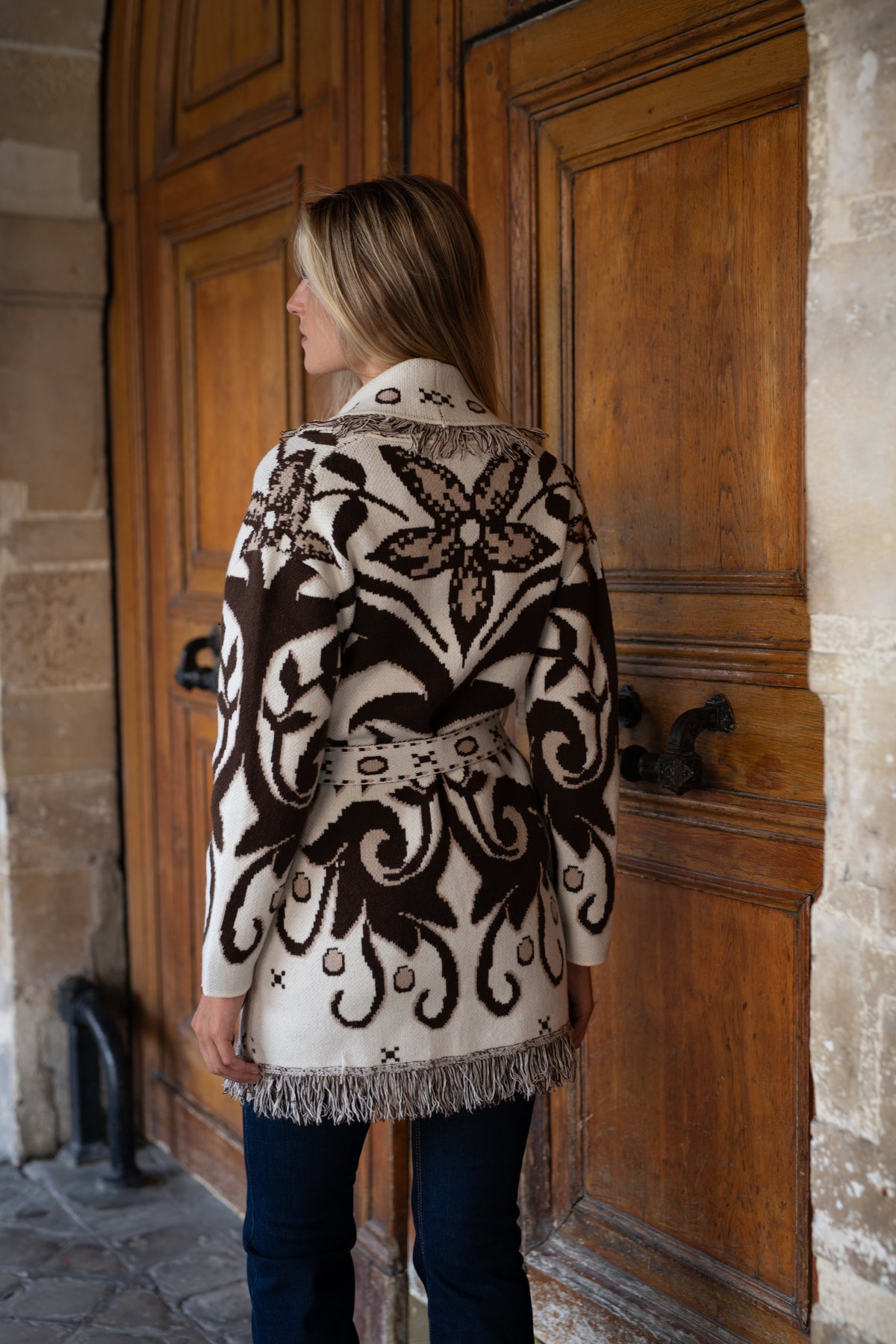 The French Beige Fringes Cardigan With Belt & Pockets