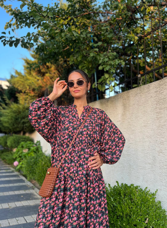 Pink Floral Boho Vintage Dress