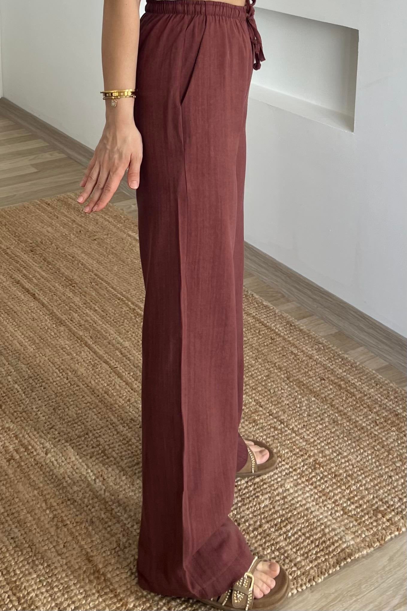 Redwood Stripy Linen Straight Leg Pants With Elastic Waist
