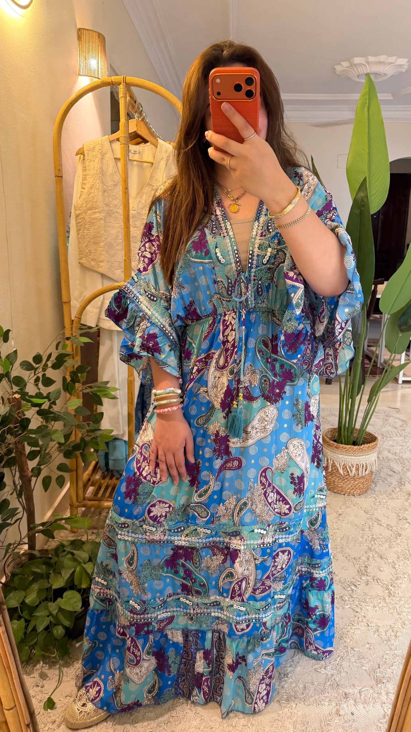 The Italian Blue Purple Paisly Dress With Embroidery & Tassels