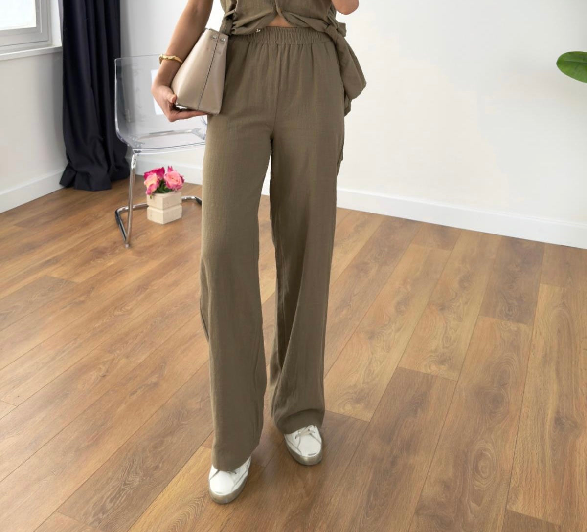 Dark Olive Linen Straight Leg Pants With Elastic Waist